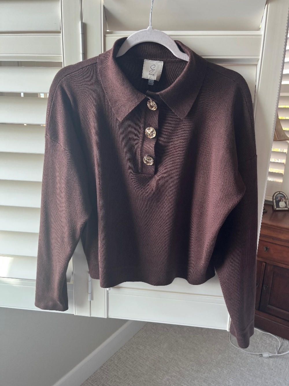 Sioni Chocolate Brown Collared Knit Sweater Gold Buttons Size L